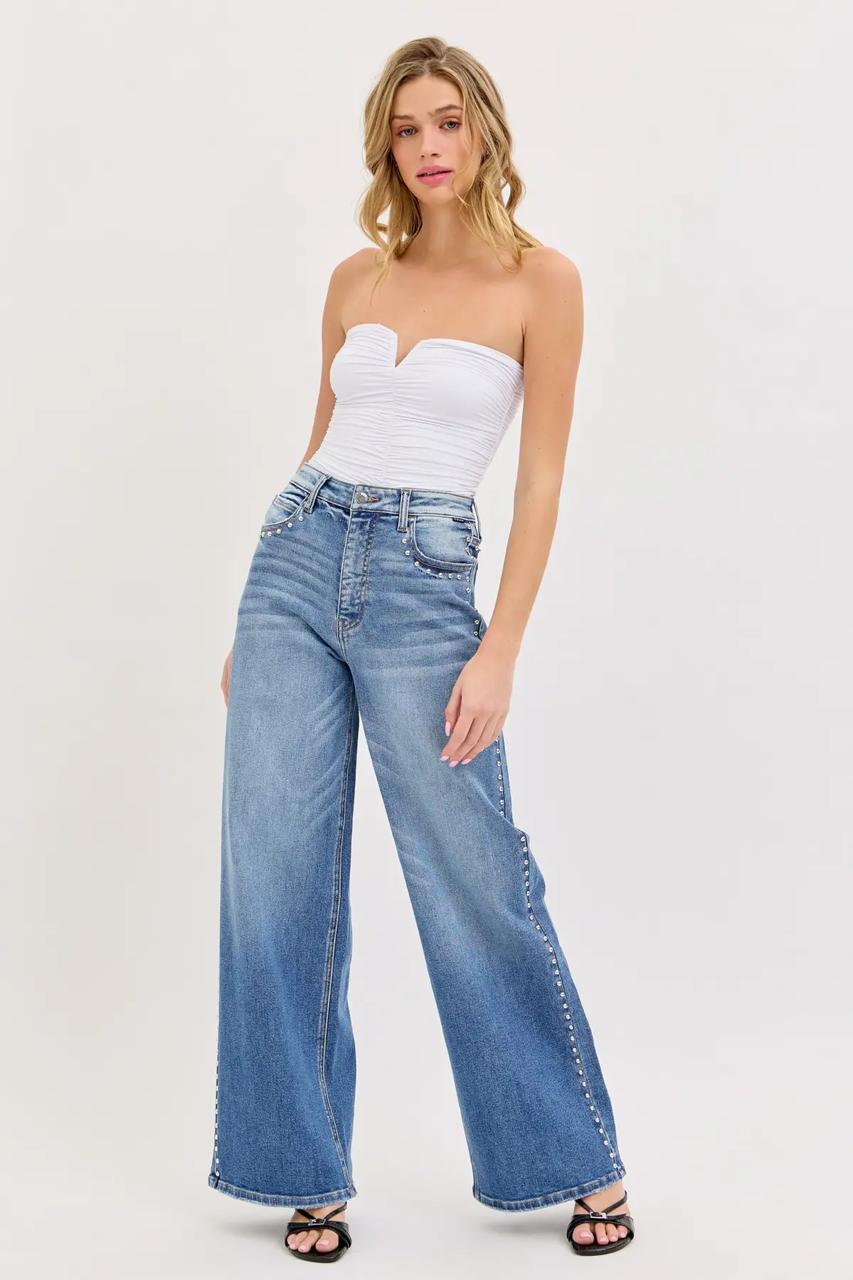 Jeans Wide Leg con estoperoles